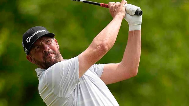 Michael Block watches a shot at the 2023 PGA Championship.